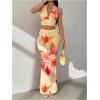 image:imageMakeMeChic Womens Summer 2 Piece Sets Floral Open Back Halter Crop Tank Top Flare Maxi Skirt SetYellow