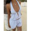 image:imageMakeMeChic Womens Summer 2 Piece Sets Striped Open Back Halter Tank Top Boxer Shorts SetBlue
