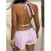 image:imageMakeMeChic Womens Summer 2 Piece Sets Striped Open Back Halter Tank Top Boxer Shorts SetPink