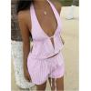 image:imageMakeMeChic Womens Summer 2 Piece Sets Striped Open Back Halter Tank Top Boxer Shorts SetPink