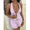 image:imageMakeMeChic Womens Summer 2 Piece Sets Striped Open Back Halter Tank Top Boxer Shorts SetPink
