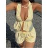 image:imageMakeMeChic Womens Summer 2 Piece Sets Striped Open Back Halter Tank Top Boxer Shorts SetStriped Yellow