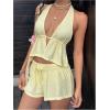 image:imageMakeMeChic Womens Summer 2 Piece Sets Striped Open Back Halter Tank Top Boxer Shorts SetYellow Solid