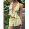 image:imageMakeMeChic Womens Summer 2 Piece Sets Striped Open Back Halter Tank Top Boxer Shorts SetYellow Solid