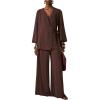 image:imageMakeMeChic Womens 2 Piece Set Wrap V Neck 34 Sleeve Blouse and Wide Leg Pant Business Casual OutfitsBrown