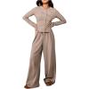 image:imageMakeMeChic Womens 2 Piece Sets Striped Long Sleeve Button Down Shirts and Wide Leg Pants Matching OutfitsCoffee Brown