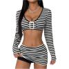 image:imageMakeMeChic Womens 2 Piece Sets Striped Scoop Neck Buckle Crop Tops Bodycon Skirts Y2k Sexy OutfitBlack and White