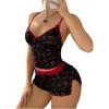 image:imageMakeMeChic Womens 2 Piece Summer 2 Piece Lingerie Sleepwear Soft Cherry Print Spaghetti Strap Crop Tops and Split Shorts SetBlack