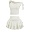 image:imageMakeMeChic Womens 2 Piece Summer Outfits Brown Metal 3D Floral Asymmetrical Tops and Ruffle Tiered Mini Skirt SetsApricot