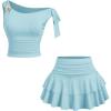 image:imageMakeMeChic Womens 2 Piece Summer Outfits Brown Metal 3D Floral Asymmetrical Tops and Ruffle Tiered Mini Skirt SetsBlue