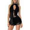 image:imageMakeMeChic Womens 2 Piece Y2k Outfit Floral Lace Open Back Halter Tops and Ruched Skirt SetBlack