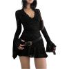 image:imageMakeMeChic Womens 2 Piece Y2k Set Lace V Neck Bell Sleeve Ruffle Mesh Dress with Cami DressesBlack