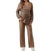 image:imageMakeMeChic Womens Maternity 2 Piece Outfits Spring Striped Long Sleeve Tops and Pants Set Casual Pregnancy LoungewearBrown