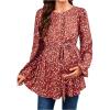 image:imageMakeMeChic Womens Maternity Blouse Floral Lantern Sleeve Crew Neck Belted Pregrancy Shirt TopsRed