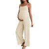 image:imageMakeMeChic Womens Maternity Cami Jumpsuit Spaghetti Strap Rib Wide Leg Pregnancy Overalls Romper Vacation OutfitsBeige
