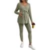 image:imageMakeMeChic Womens Maternity Clothes 2 Piece Outfit Long Sleeve V Neck Belted Tops and Leggings Pregnancy SetArmy Green