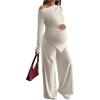 image:imageMakeMeChic Womens Maternity Clothes 2 Piece Spring Outfits Asymmetrical Top and Pants Matching SetsApricot