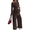 image:imageMakeMeChic Womens Maternity Clothes 2 Piece Spring Outfits Asymmetrical Top and Pants Matching SetsBrown