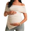 image:imageMakeMeChic Womens Maternity Summer Off The Shoulder Tops Short Sleeve Ruched Asymmetrical Pregnancy TopsApricot