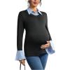 image:imageMakeMeChic Womens Maternity T Shirts Striped Bell Sleeve Collared Fitted 2 in 1 Pregnancy TopsBlack
