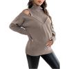 image:imageMakeMeChic Womens Maternity Turtleneck Sweater Cold Shoulder Mock Neck Long Sleeve Pullover Knit TopsKhaki