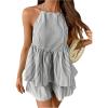 image:imageMakeMeChic Womens Striped 2 Piece Summer Outfits Halter Peplum Top and Wide Leg Shorts Matching SetsBlack