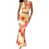 image:imageMakeMeChic Womens Summer 2 Piece Sets Floral Open Back Halter Crop Tank Top Flare Maxi Skirt SetYellow