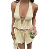 image:imageMakeMeChic Womens Summer 2 Piece Sets Striped Open Back Halter Tank Top Boxer Shorts SetYellow