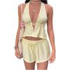image:imageMakeMeChic Womens Summer 2 Piece Sets Striped Open Back Halter Tank Top Boxer Shorts SetYellow Solid