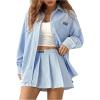 image:imageMakeMeChic Womens Two Piece Fall Outfit Striped Button Down Shirt and Pleated Skirt Matching SetBlue