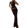 image:imageMakeMeChic Womens Y2k 2 Piece Set Draped Open Back Halter Tops Bodycon Skirt SetsCoffee Brown
