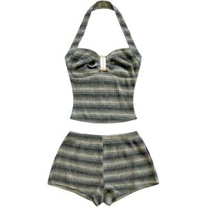 image:imageMAKEMECHIC Womens 2 Piece Summer Sets Beach Vacation Outfits Striped Halter Crop Tops Mini Shorts SetGreen