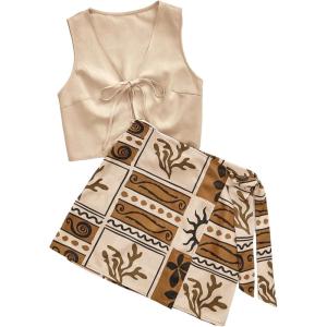 image:imageMakeMeChic Womens 2 Piece Boho Outfit Tie Front Sleeveless Vest Crop Tops and Wrap Skirt SetMulticolor