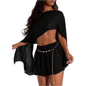 image:imageMakeMeChic Womens 2 Piece Outfit Ponchos Crop Tops and Shorts Beach Vacation Summer SetsBlack