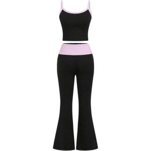image:imageMakeMeChic Womens 2 Piece Outfit Sleeveless Cami Crop Tops and Bell Bottom Pants Workout SetBlack