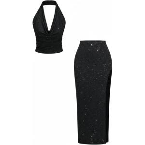 image:imageMakeMeChic Womens 2 Piece Outfits Glitter Draped Halter Top and Split Thigh Long Skirt Rave OutfitBlack