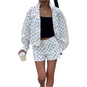 image:imageMakeMeChic Womens 2 Piece Set Polka Dots Zip Up Long Sleeve Jacket and Shorts SetsMulticolor