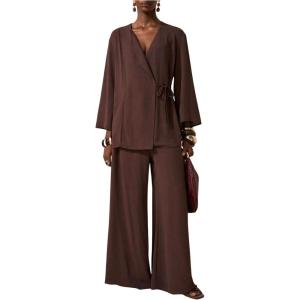 image:imageMakeMeChic Womens 2 Piece Set Wrap V Neck 34 Sleeve Blouse and Wide Leg Pant Business Casual OutfitsBrown