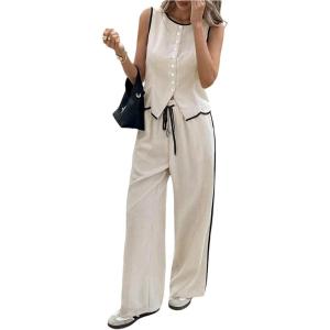 image:imageMakeMeChic Womens 2 Piece Sets Button Down Vest Top and Pants Summer Business Casual OutfitsApricot