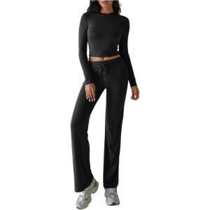 image:imageMakeMeChic Womens 2 Piece Sets Crew Neck Crop Tops and Low Rise Wide Leg Pants Lounge Summer SetsBlack