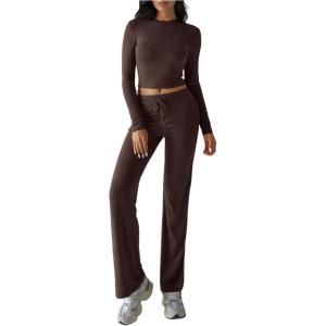 image:imageMakeMeChic Womens 2 Piece Sets Crew Neck Crop Tops and Low Rise Wide Leg Pants Lounge Summer SetsBrown