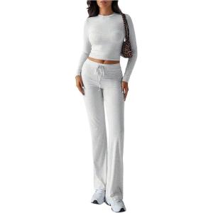 image:imageMakeMeChic Womens 2 Piece Sets Crew Neck Crop Tops and Low Rise Wide Leg Pants Lounge Summer SetsGrey