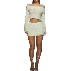 image:imageMakeMeChic Womens 2 Piece Sets Off The Shoulder Crop Top and Bodycon Skirt Knit Fall ClothesGreen