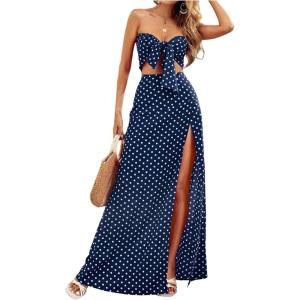 image:imageMakeMeChic Womens 2 Piece Sets Polka Dots Bow Knot Tube Top and Split Thigh Maxi Skirt Summer OutfitsBlue