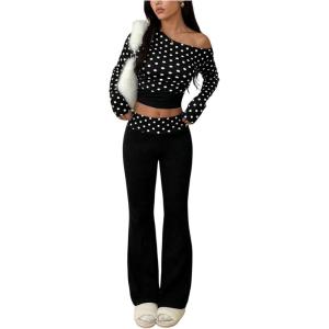 image:imageMakeMeChic Womens 2 Piece Sets Polka Dots Off The Shoulder Crop Tops Flare Pants Holiday OutfitsBlack and White
