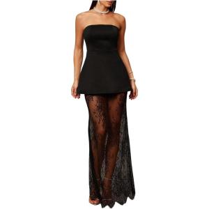 image:imageMakeMeChic Womens 2 Piece Sets Strapless Bandeau Tube Top Mesh Lace Maxi Skirt Elegant Cocktail OutfitsBlack