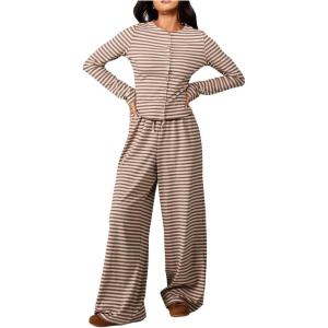 image:imageMakeMeChic Womens 2 Piece Sets Striped Long Sleeve Button Down Shirts and Wide Leg Pants Matching OutfitsCoffee Brown