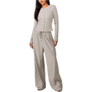 image:imageMakeMeChic Womens 2 Piece Sets Striped Long Sleeve Button Down Shirts and Wide Leg Pants Matching OutfitsMulticolor B