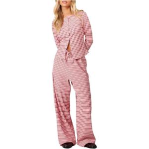 image:imageMakeMeChic Womens 2 Piece Sets Striped Long Sleeve Button Down Shirts and Wide Leg Pants Matching OutfitsPink