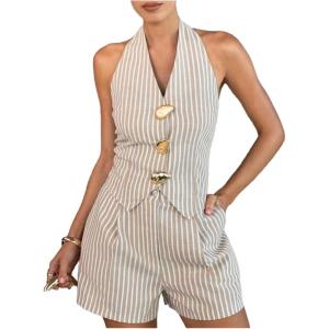 image:imageMakeMeChic Womens 2 Piece Sets Striped Metal Halter Vest Crop Tops and Shorts Business Casual OutfitsMulticolor